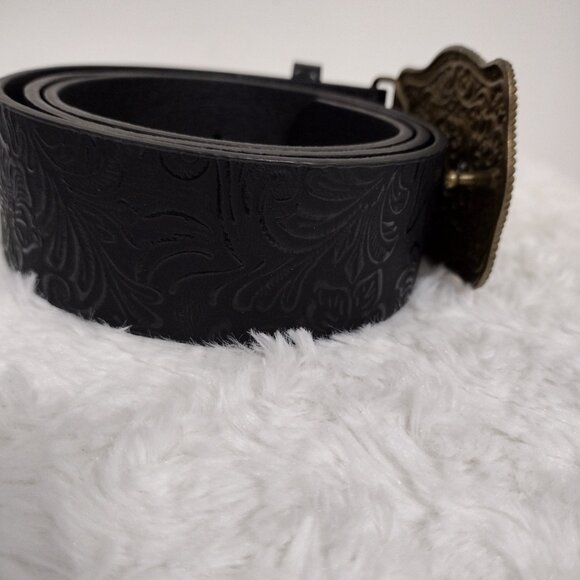 Western Longhorn Skull Statement Belt Engraved Gold Buckle Ranch Style - Picture 11 of 12